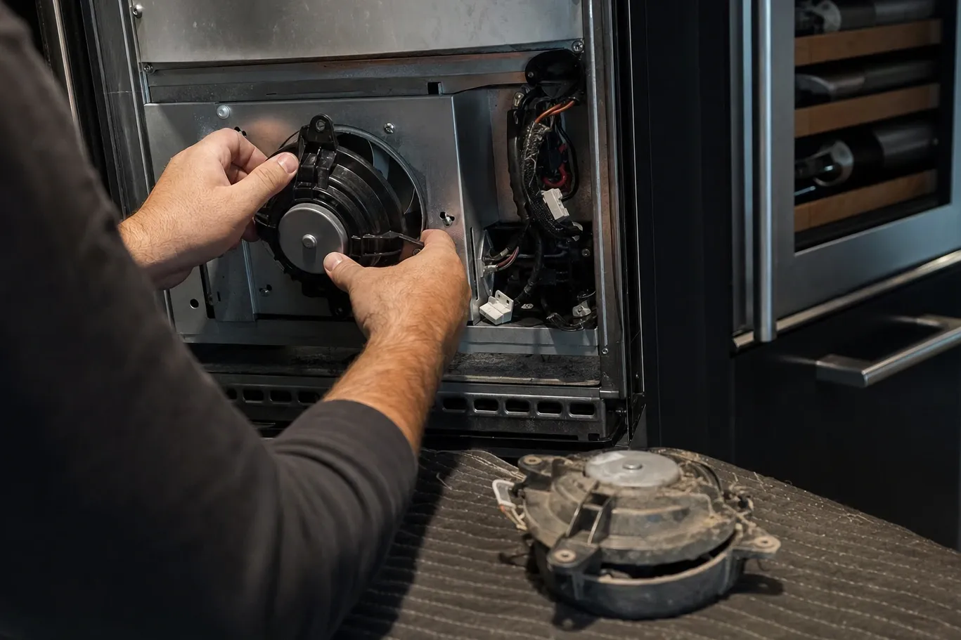 Hands fitting a replacement fan motor into the open machine compartment of a built-in unit, the dust-caked original lying on a mat