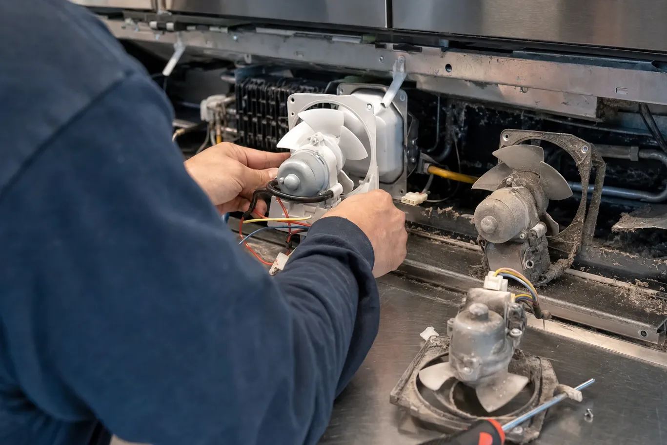 A new white condenser fan motor held in front of an open machine compartment, two dust-clogged motors set down beside it